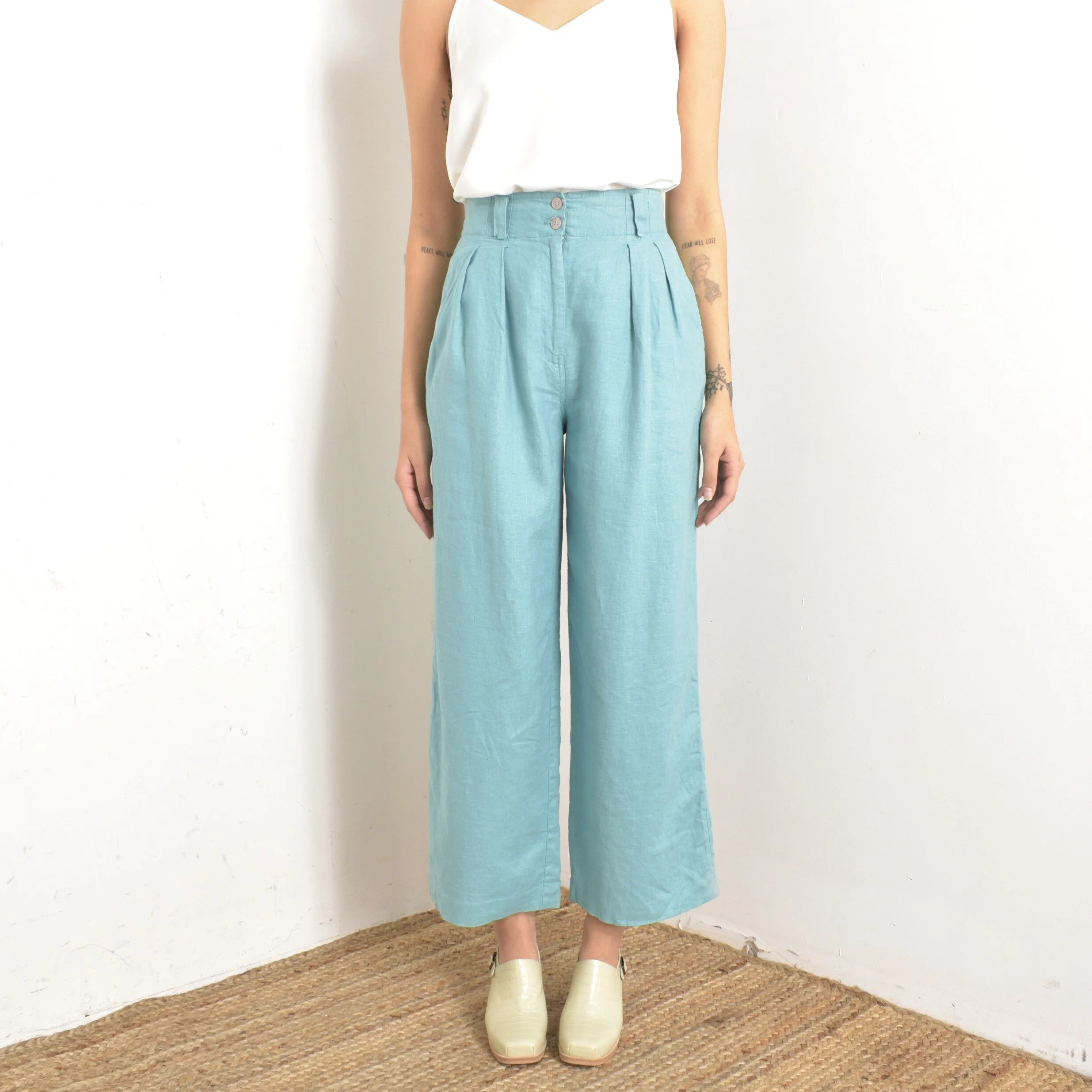 1980s Blue Linen Wide Leg Pants-small — La Poubelle Vintage